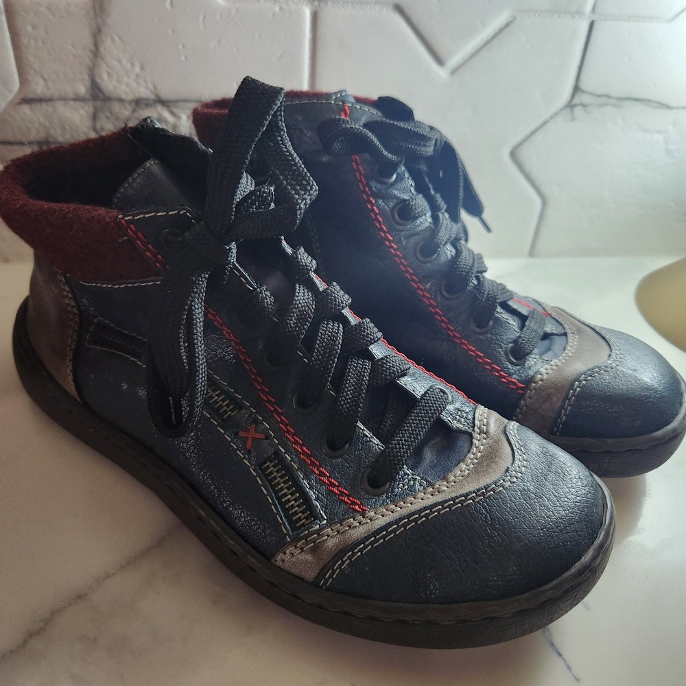 Rieker Antistress Navy Blue Leather Ankle Boots Red Stitching Wool Collar 40